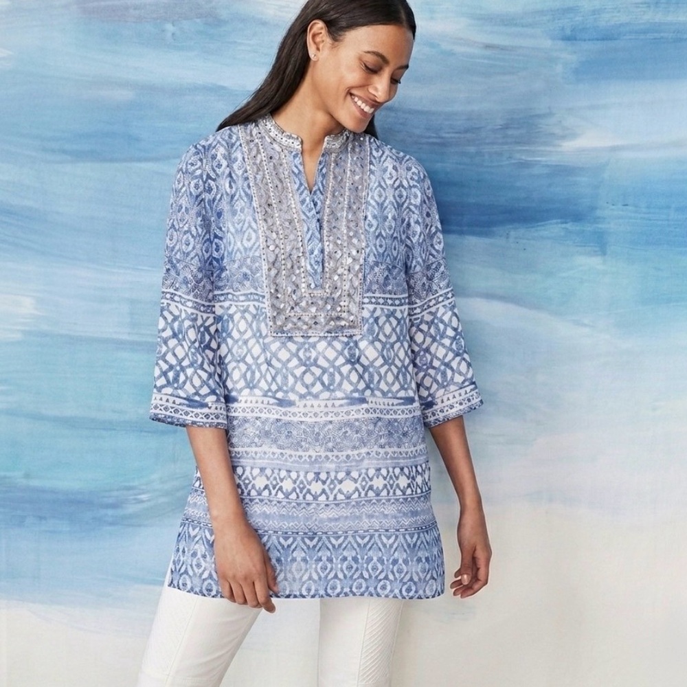 Chico’s Seaside Embellished Chiffon Tunic Sz Medium Sz 8/10